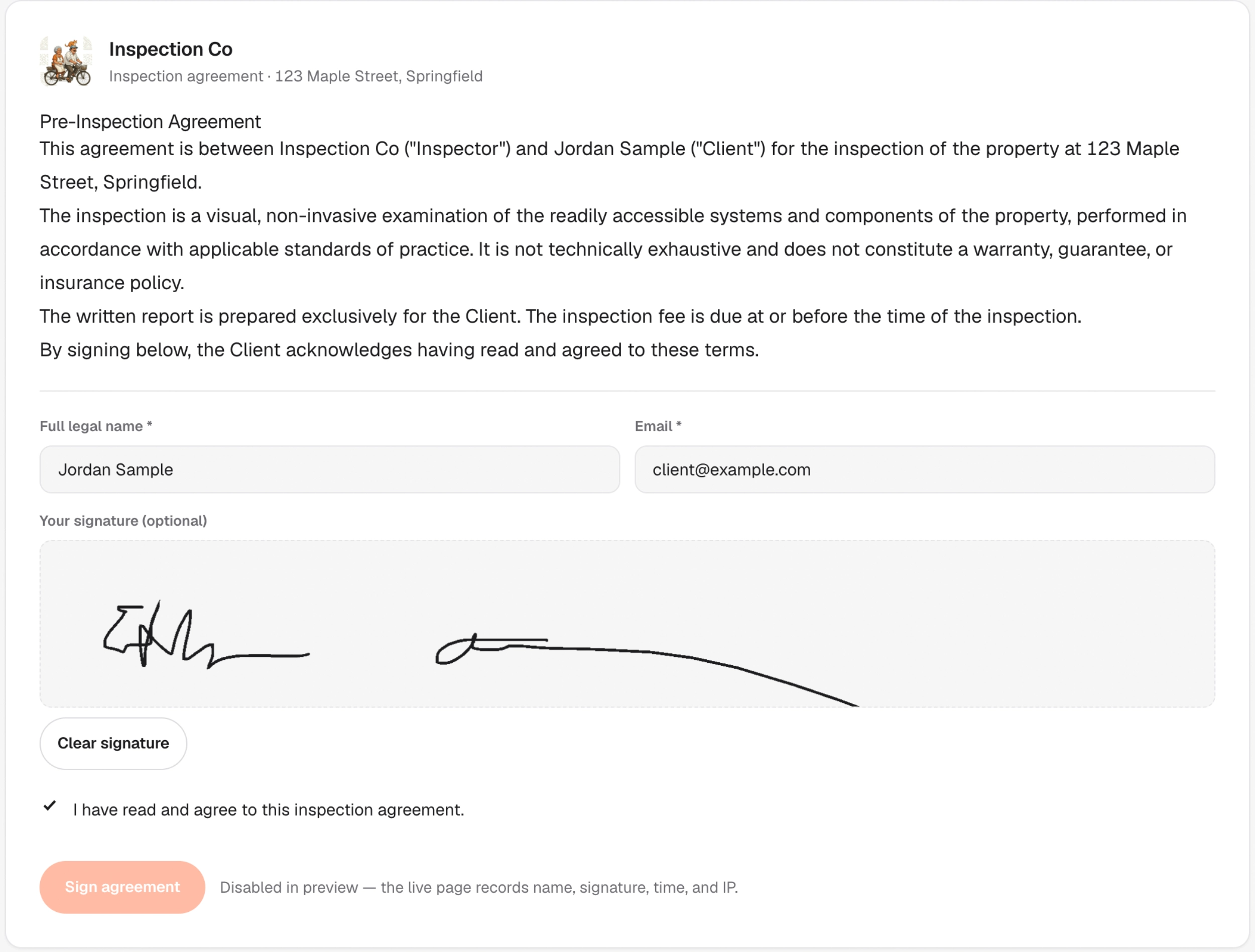 An inspection agreement, signed, with the signature line filled in.