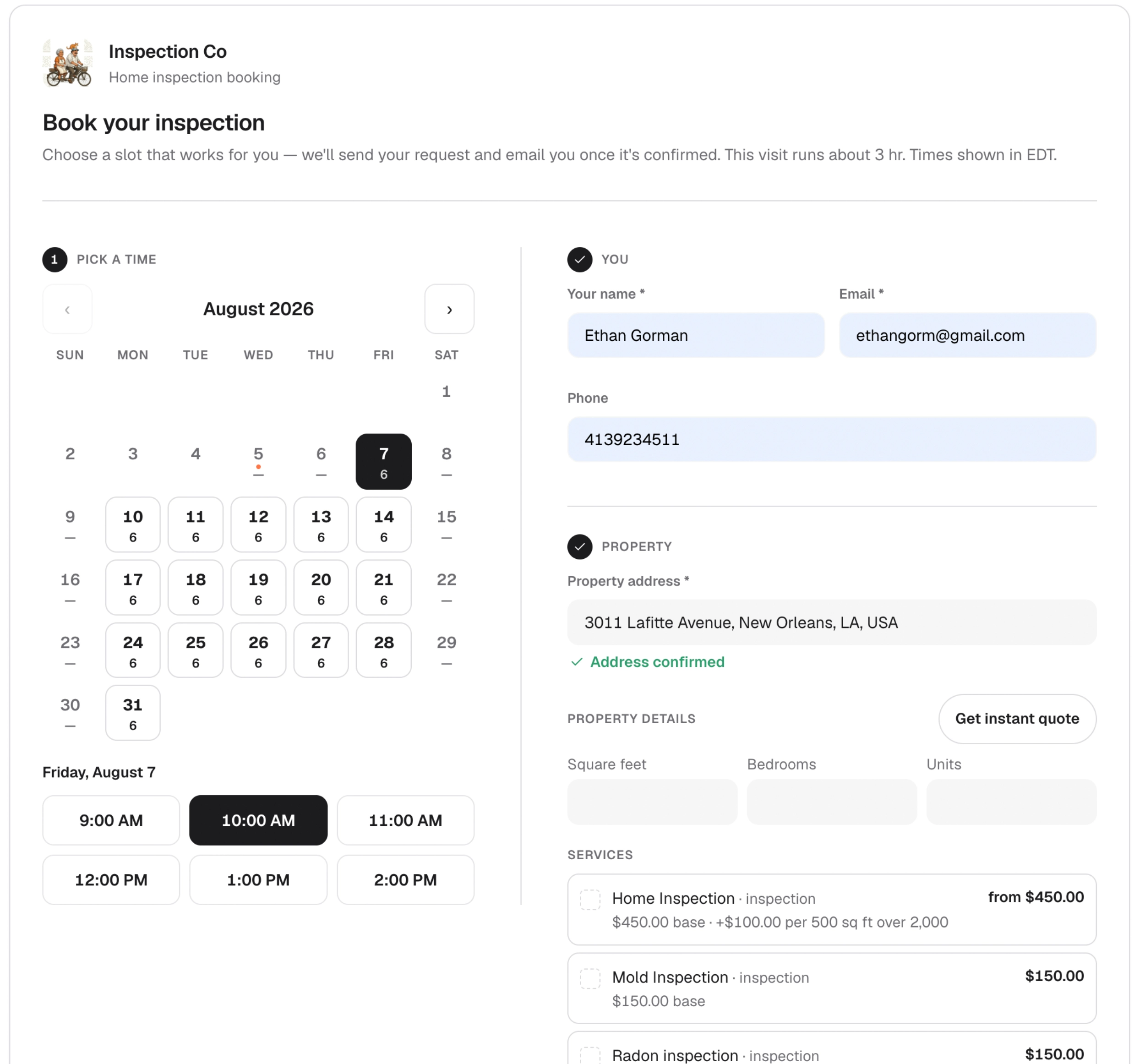 The public booking page: pick a day, pick a time, enter property details.