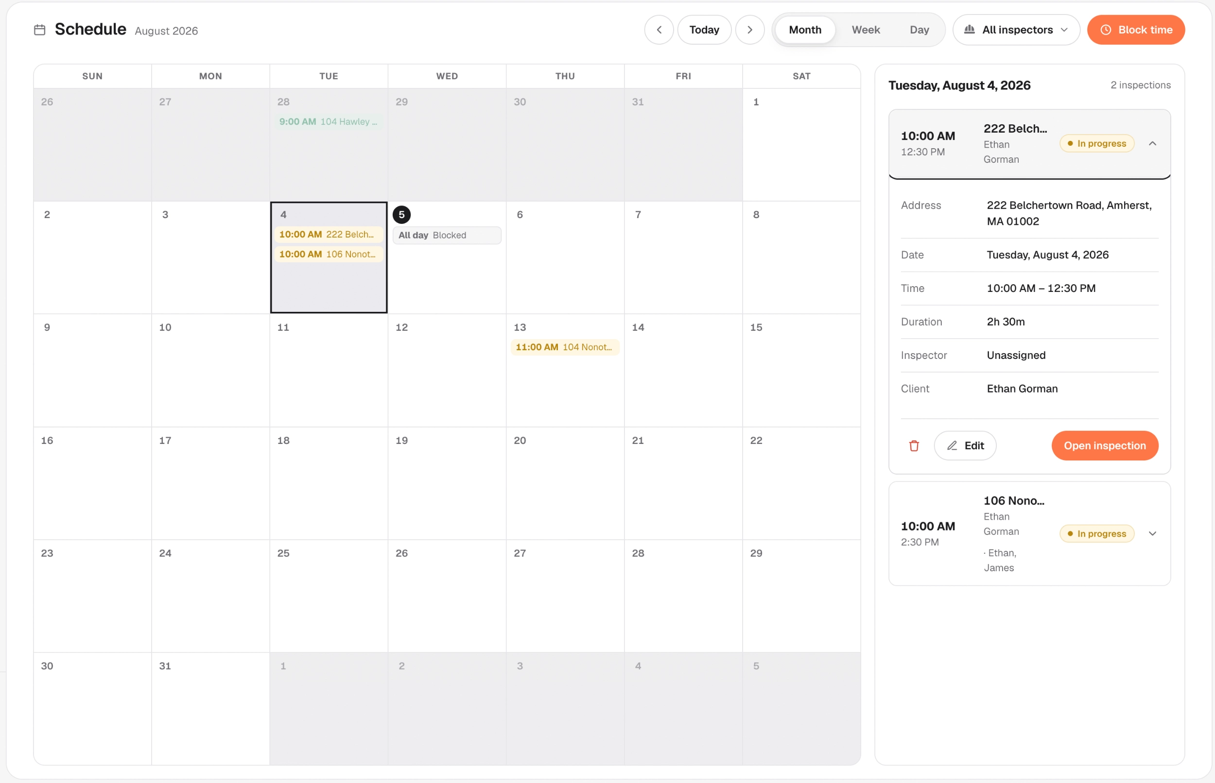 The Househound schedule, a week view with inspections placed across seven days.