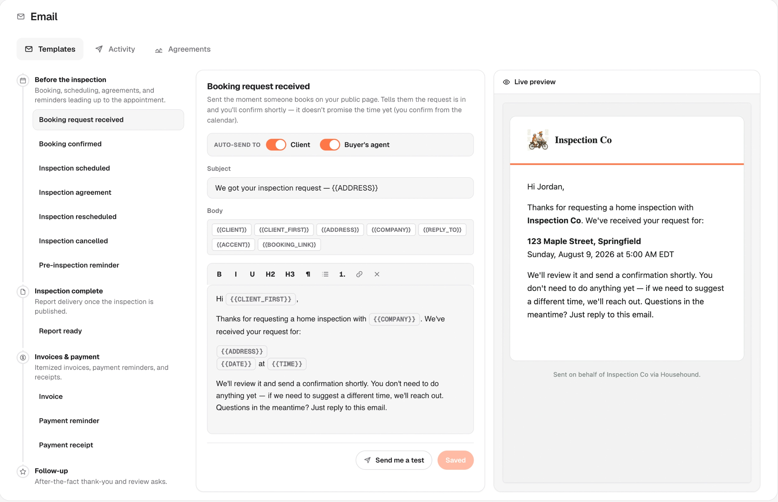 The email template editor: template list, body editor, and a live client-side preview.