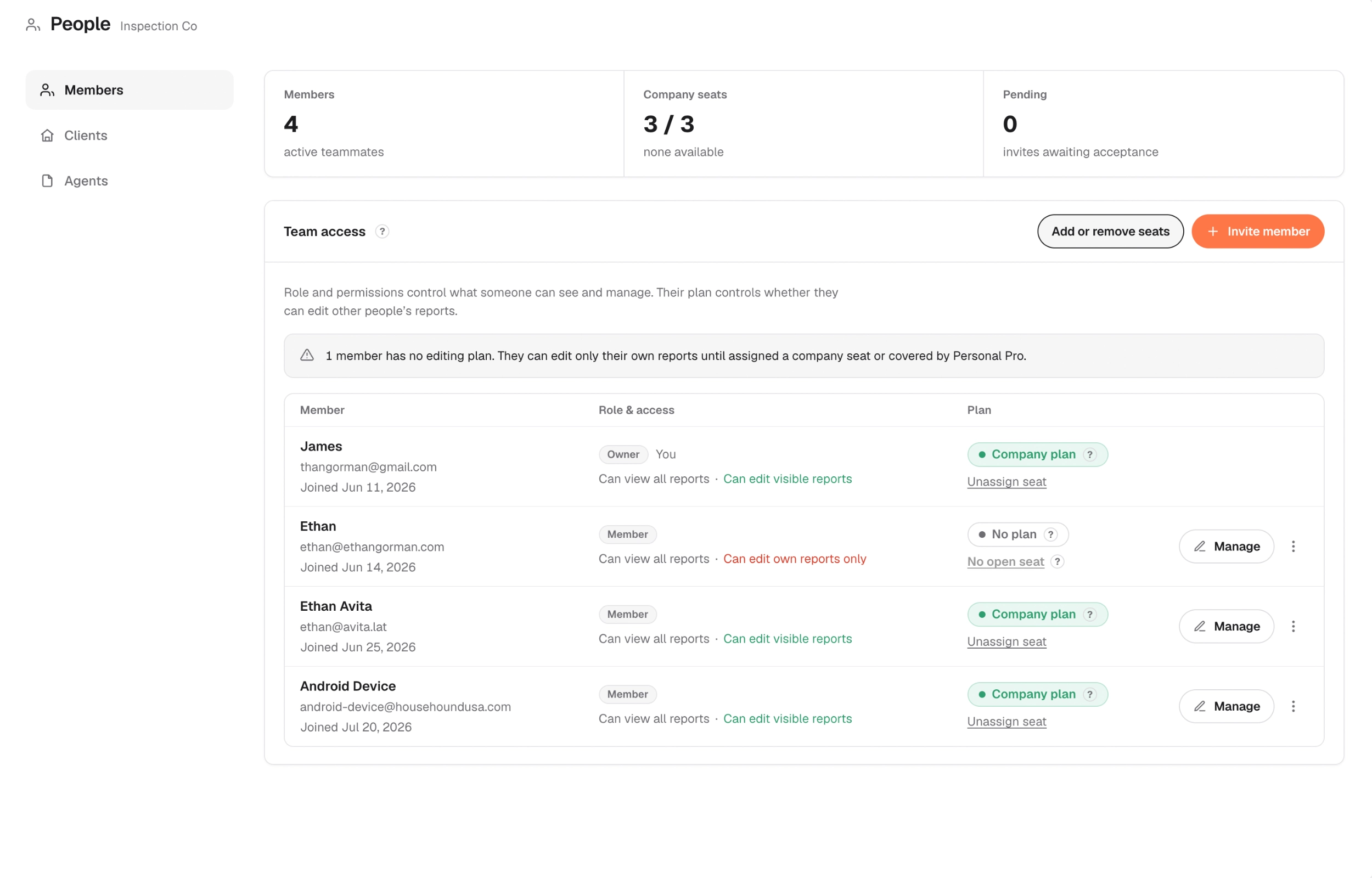 The people list: team members with their roles and seat status.